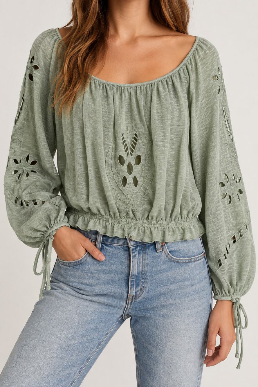 Free People FPX Jewel Top Size XS Sage Green Embroidered Boho Peasant Blouse Top